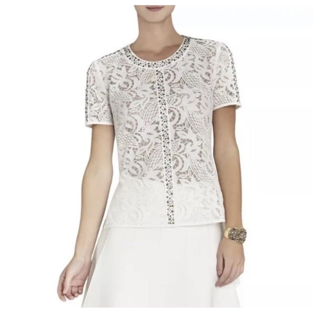 BCBGMaxAzria White Lace Blouse with Studs Peplum XXS